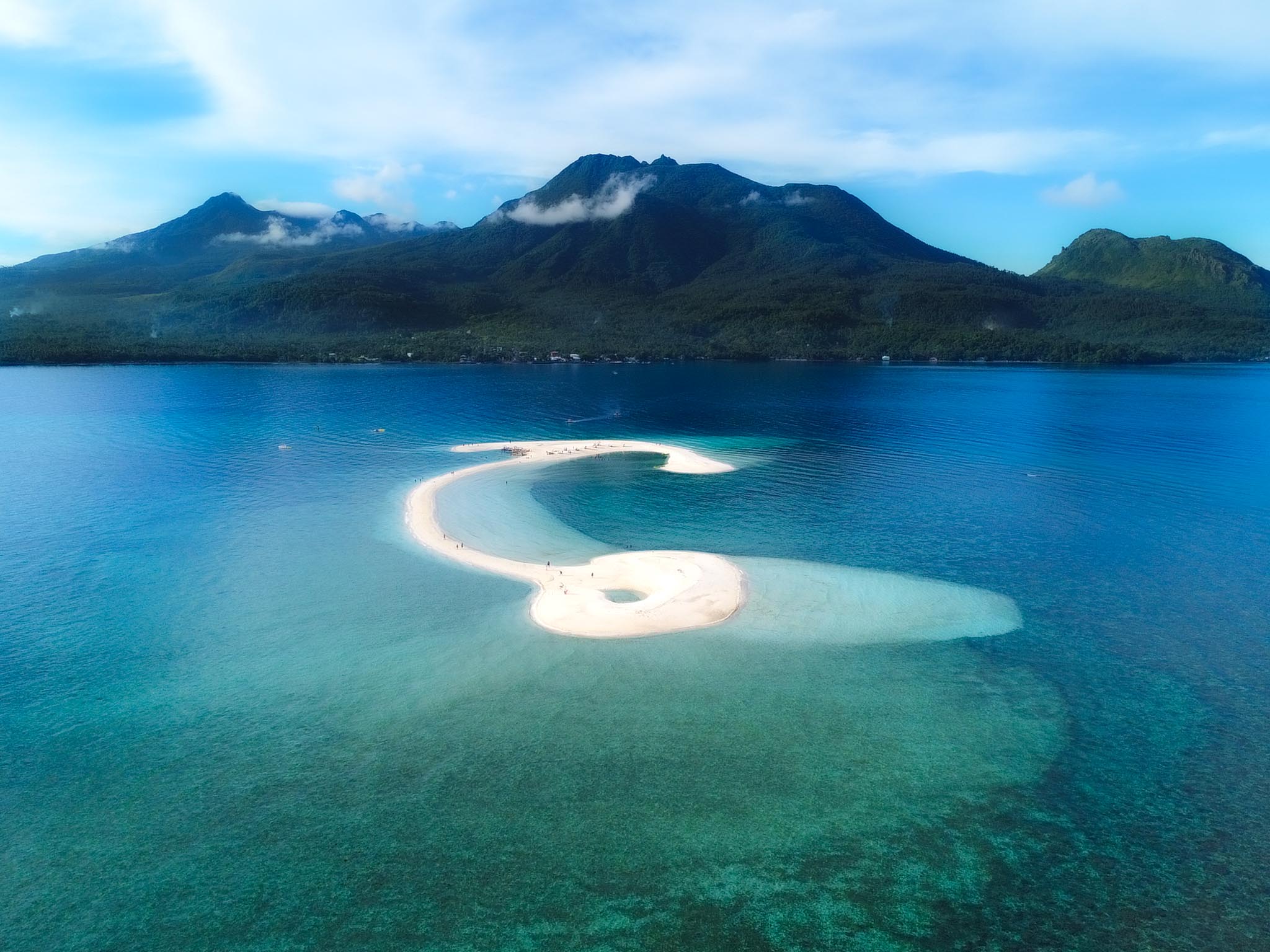 drone shot of White Island in Camiguin